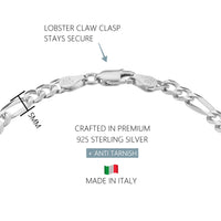 KISPER 925 Sterling Silver Italian 5mm Figaro Chain Bracelet w/ Lobster Clasp