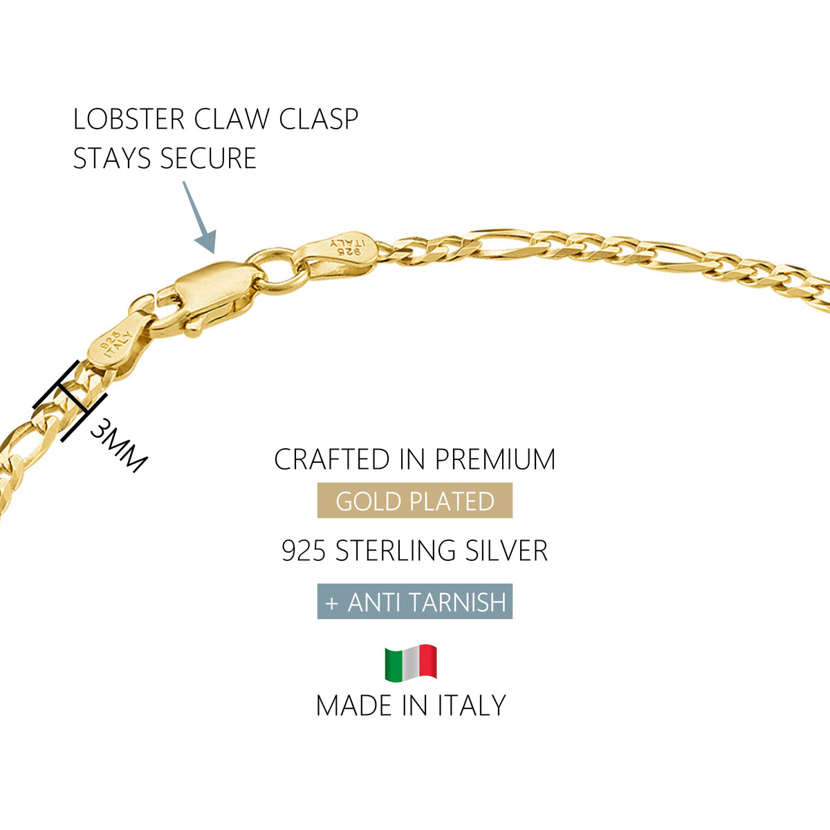 KISPER 18k Gold over 925 Sterling Silver Italian 3mm Diamond-Cut Figaro Chain Anklet Bracelet