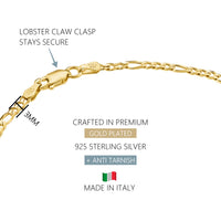 KISPER 18k Gold over 925 Sterling Silver Italian 3mm Diamond-Cut Figaro Chain Anklet Bracelet
