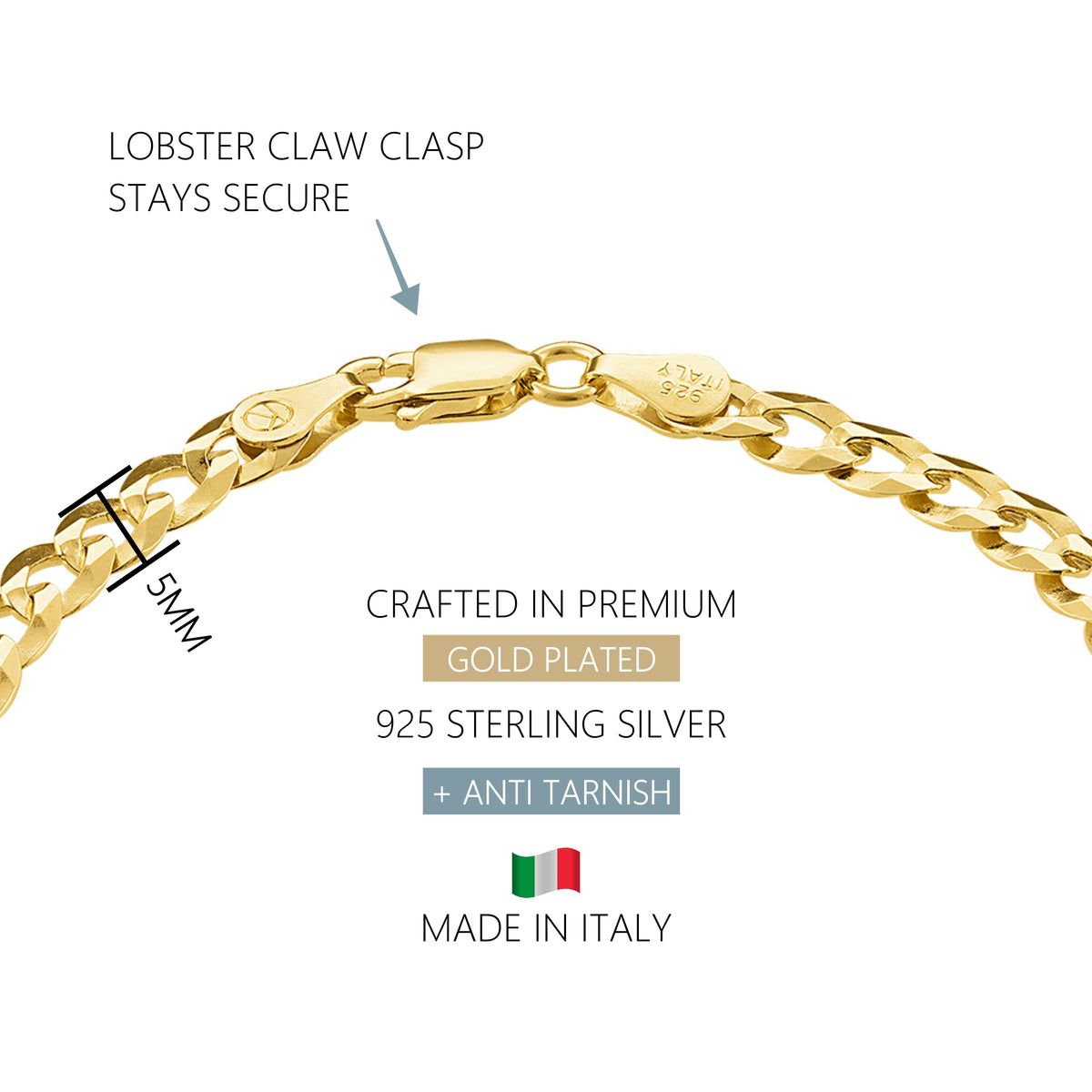 KISPER 18k Gold over 925 Sterling Silver Italian 5mm Gold Cuban Chain Bracelet w/ Lobster Clasp