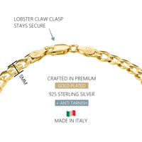 KISPER 18k Gold over 925 Sterling Silver Italian 5mm Gold Cuban Chain Bracelet w/ Lobster Clasp