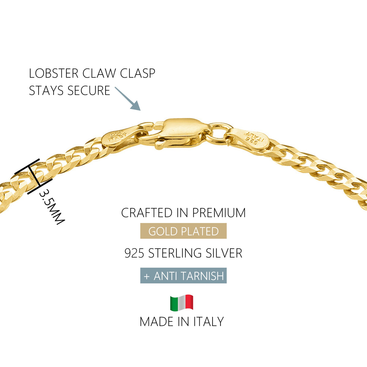 KISPER 18K Gold 925 Sterling Silver Italian 3.5mm Cuban Link Chain Bracelet