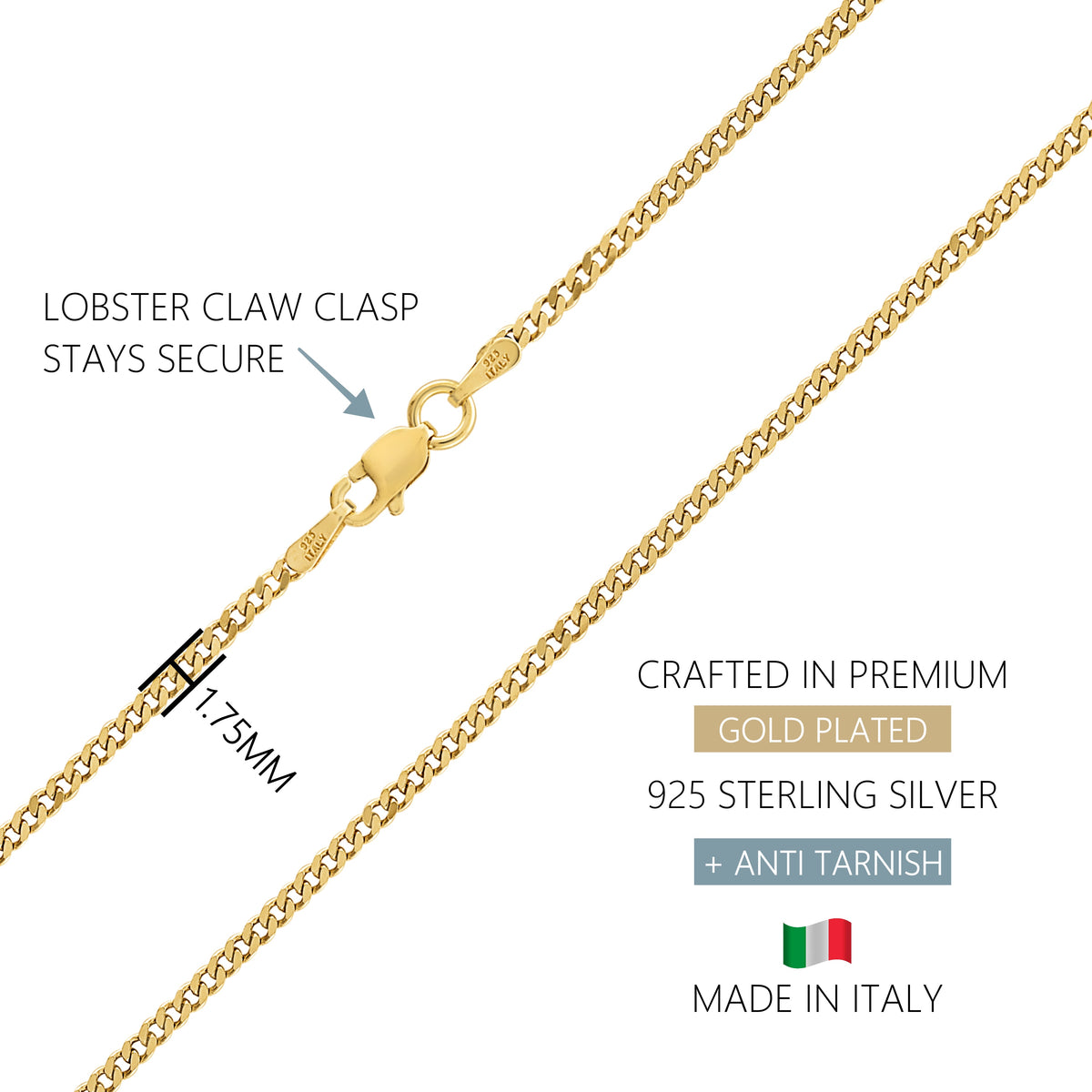 KISPER 925 Sterling Silver Italian Gold Cuban Chain Necklace w/ Lobster Clasp