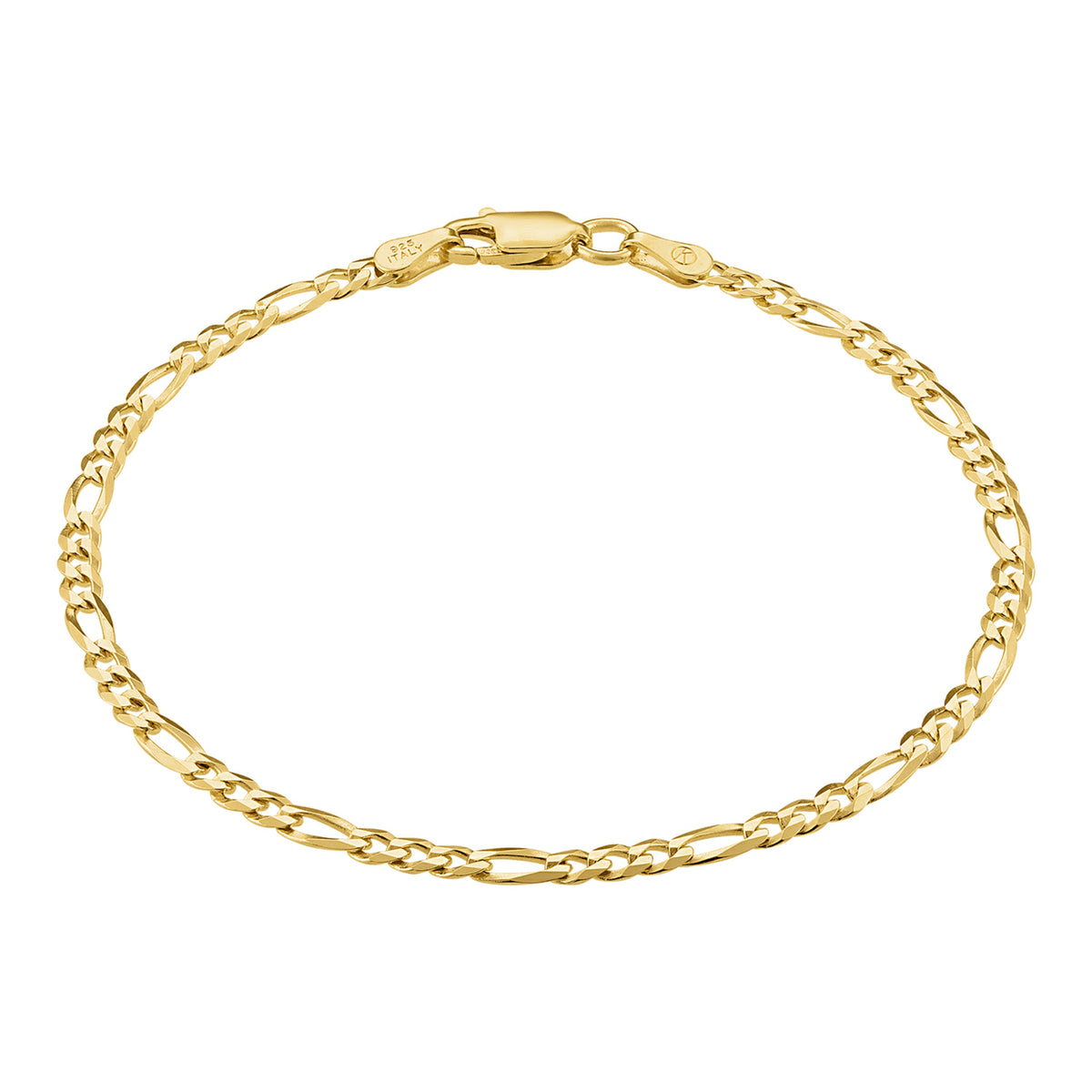 KISPER 18k Gold over 925 Sterling Silver Italian 3mm Figaro Chain Bracelet w/ Lobster Clasp