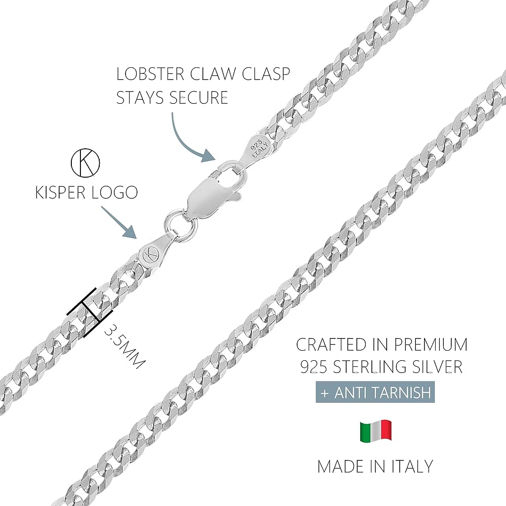 KISPER 925 Sterling Silver 3.5mm Flat Cuban Chain Necklace w/ Lobster Clasp