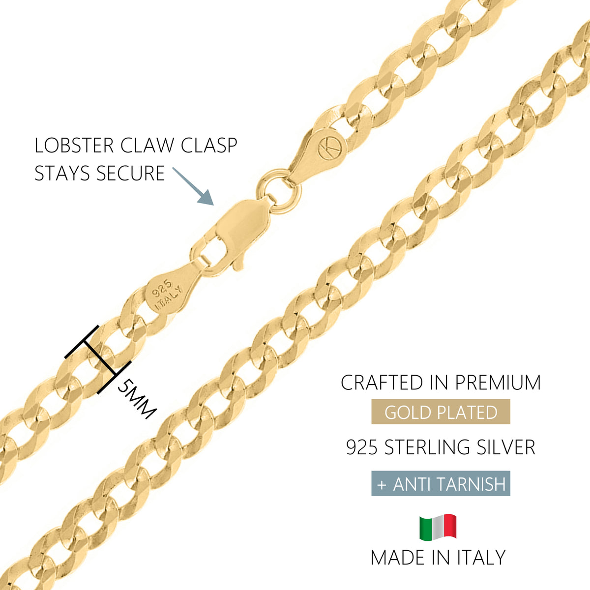 KISPER 18k Gold over 925 Sterling Silver Italian 5mm Cuban Link Chain Necklace w/ Lobster Clasp