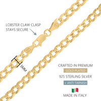 KISPER 18k Gold over 925 Sterling Silver Italian 5mm Cuban Link Chain Necklace w/ Lobster Clasp