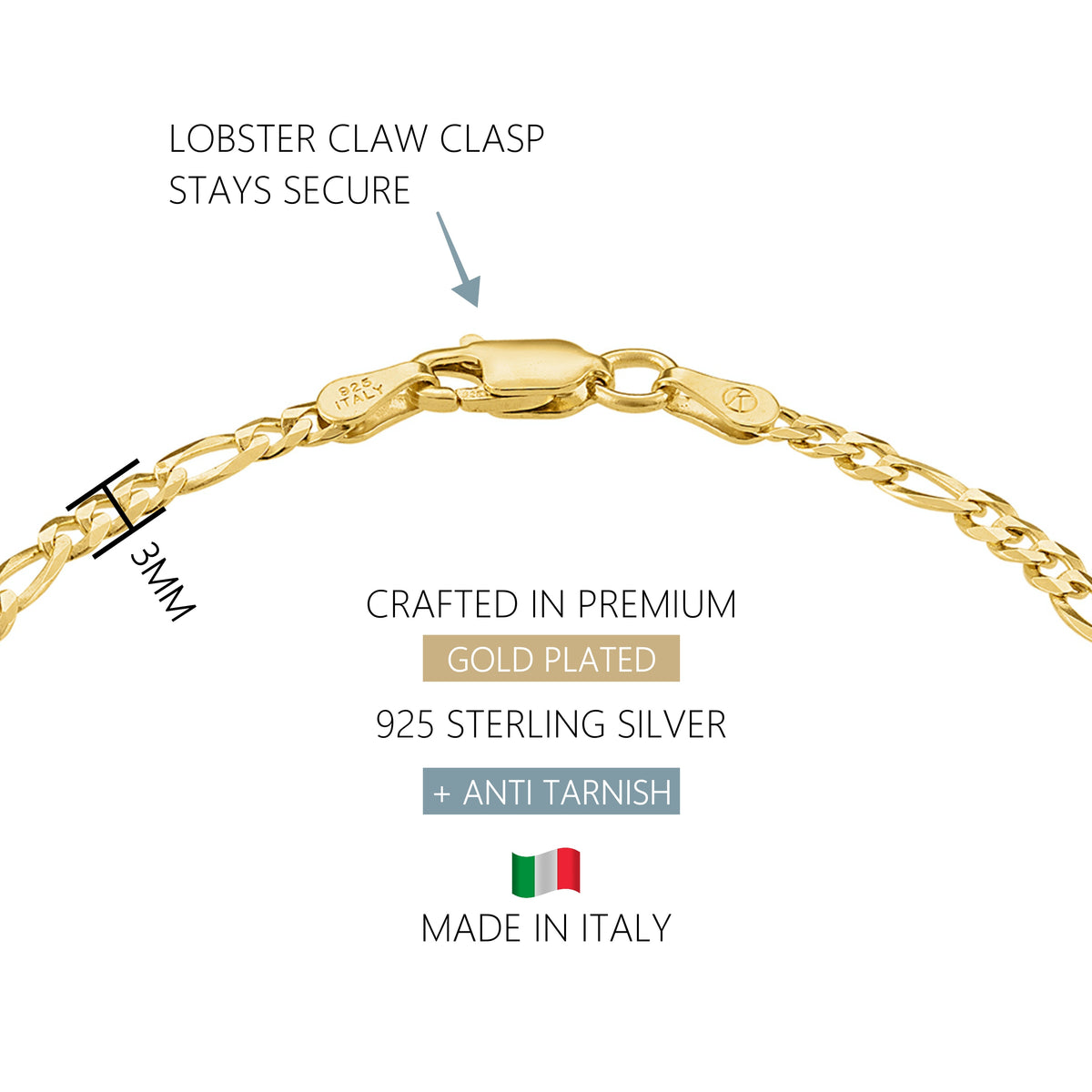 KISPER 18k Gold over 925 Sterling Silver Italian 3mm Figaro Chain Bracelet w/ Lobster Clasp