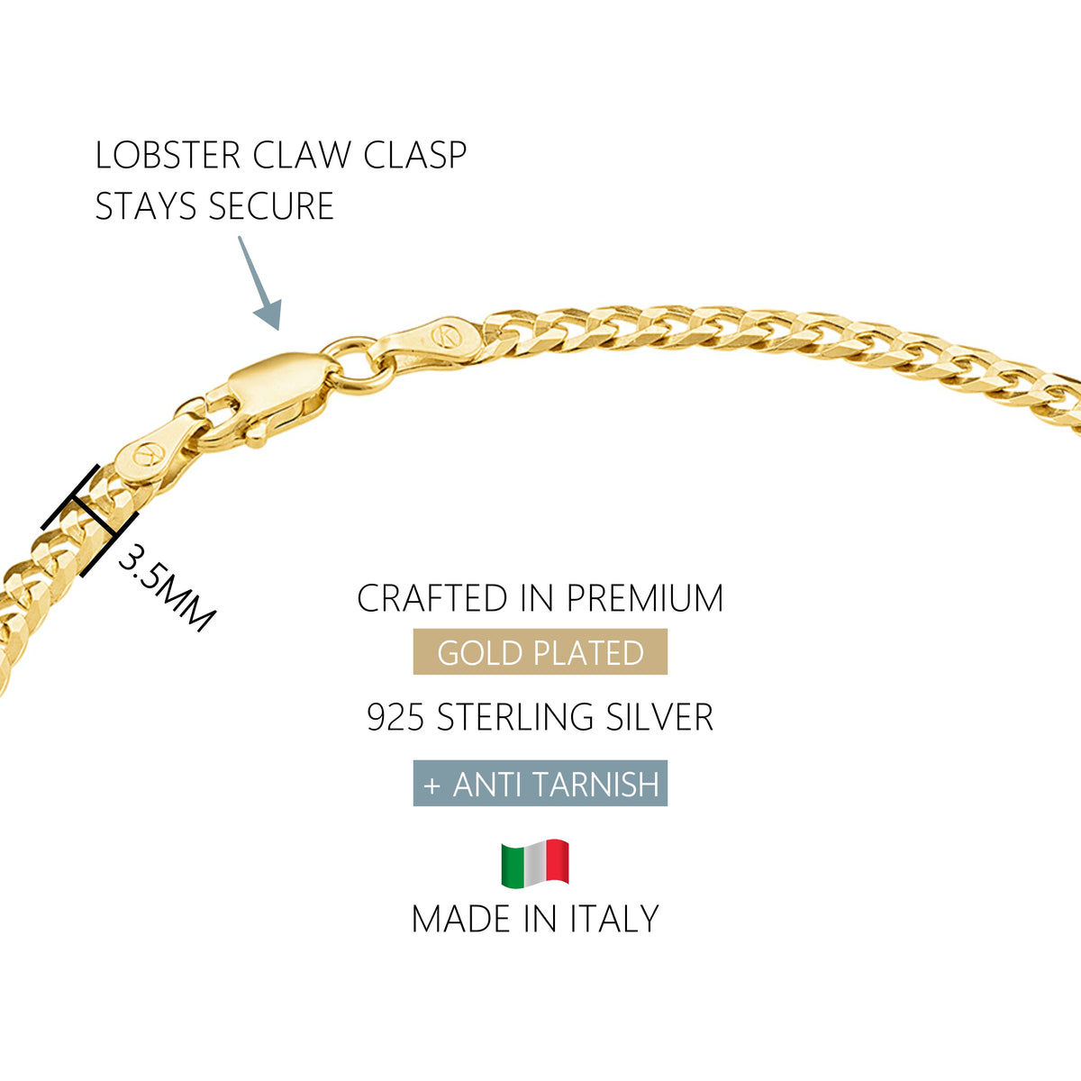 KISPER 18K Gold 925 Sterling Silver Italian 3.5mm Curb Chain Anklet Bracelet