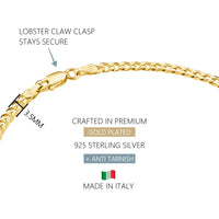 KISPER 18K Gold 925 Sterling Silver Italian 3.5mm Curb Chain Anklet Bracelet