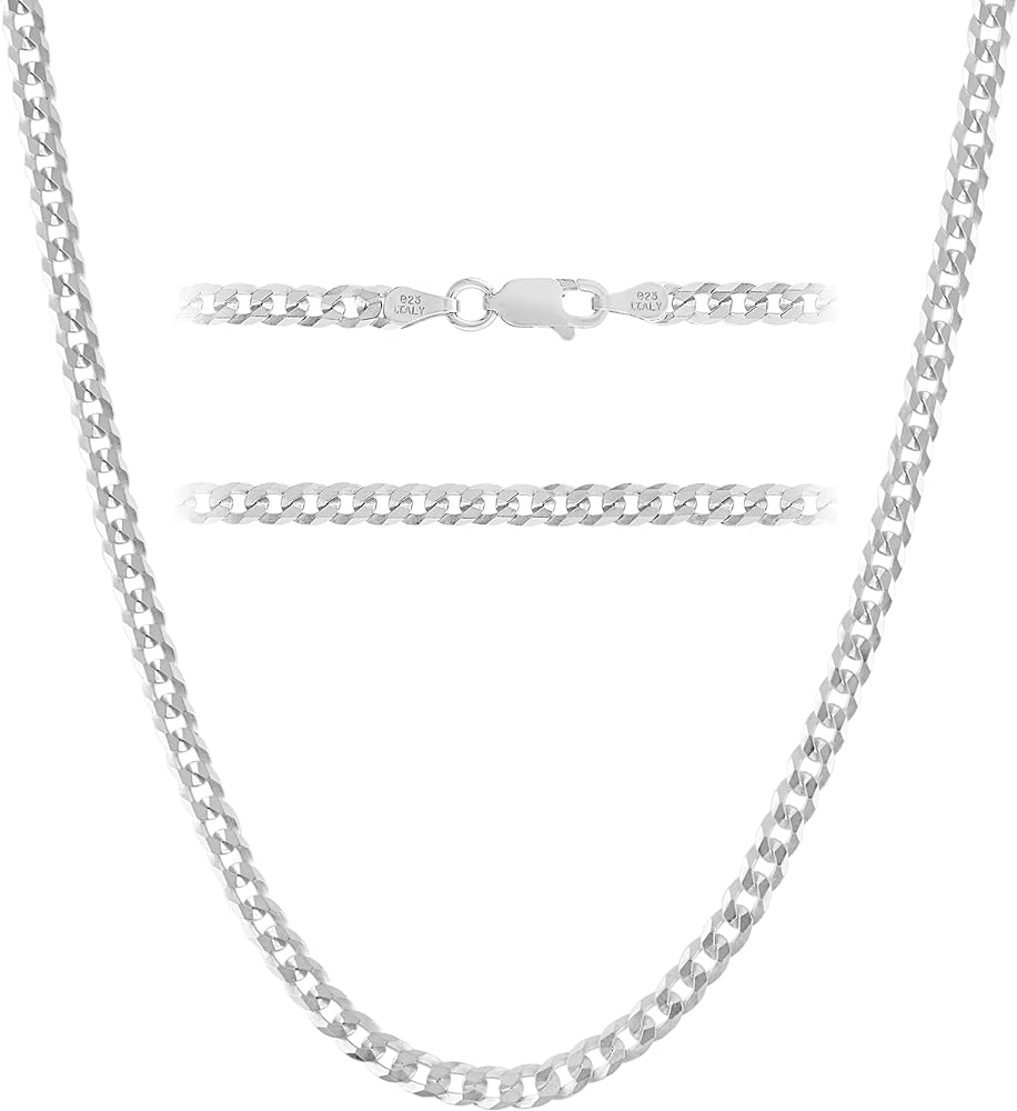 KISPER 925 Sterling Silver 3.5mm Flat Cuban Chain Necklace w/ Lobster Clasp