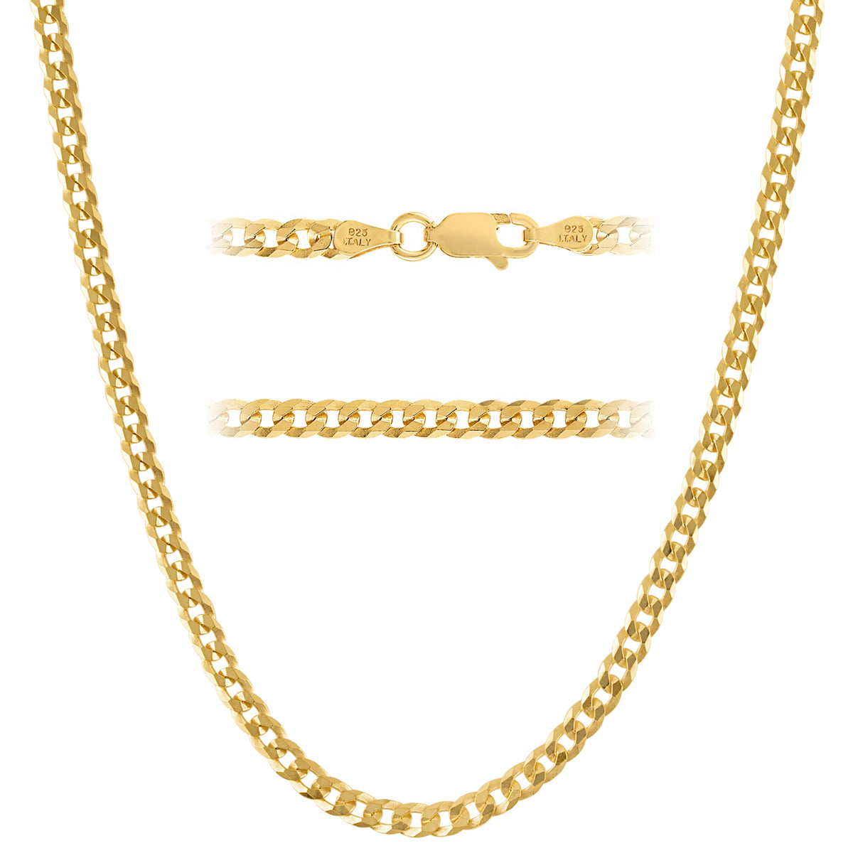 KISPER 18k Gold over 925 Sterling Silver Italian Cuban Link Chain Necklace w/ Lobster Clasp
