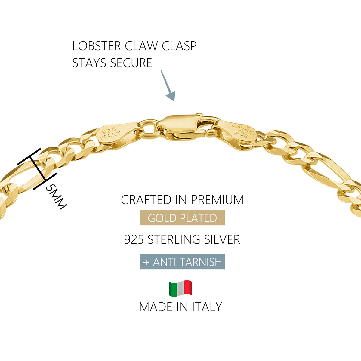 KISPER 18k Gold over 925 Sterling Silver Italian 5mm Figaro Chain Bracelet w/ Lobster Clasp