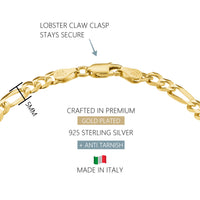 KISPER 18k Gold over 925 Sterling Silver Italian 5mm Figaro Chain Bracelet w/ Lobster Clasp