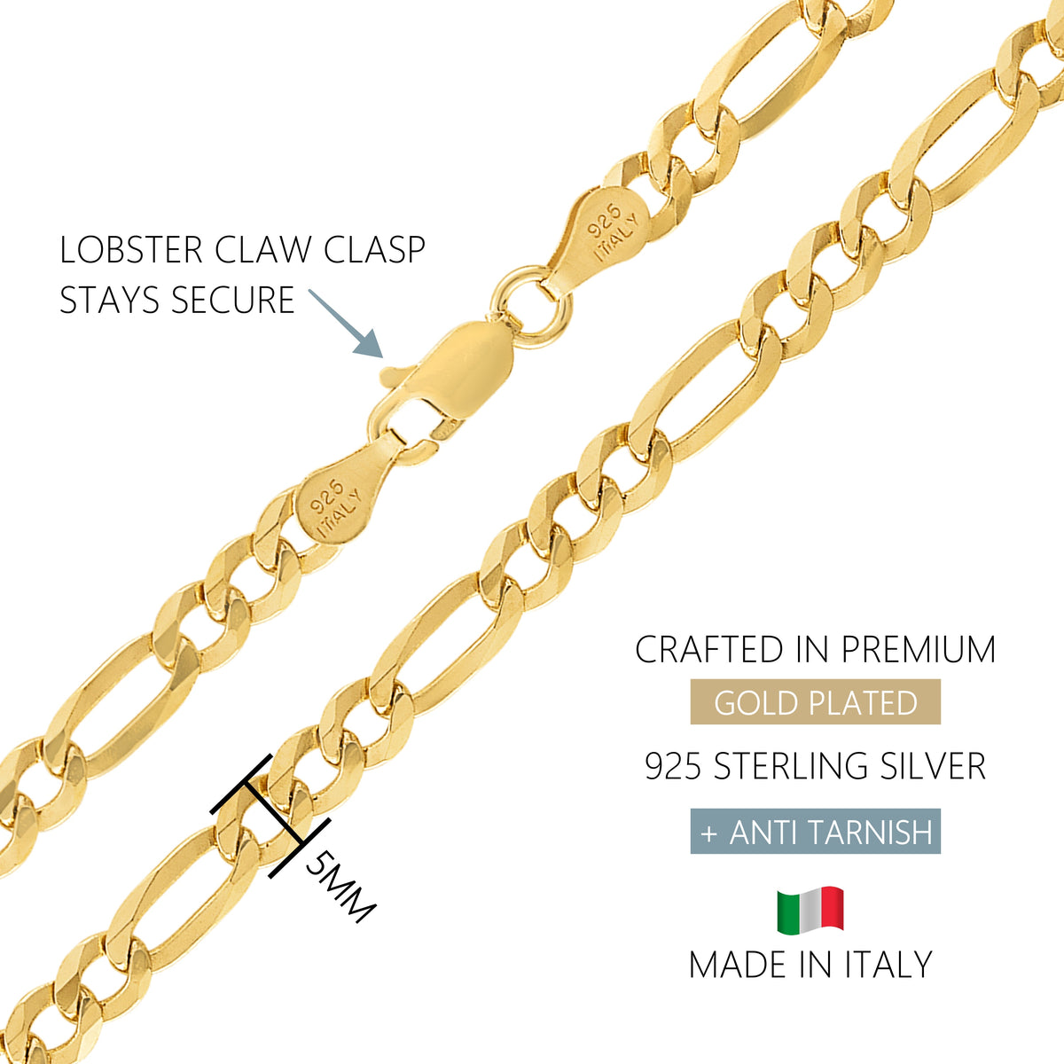 KISPER 18k Gold over 925 Sterling Silver Italian 5mm Figaro Chain Necklace w/ Lobster Clasp