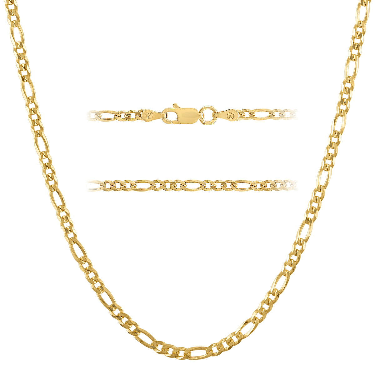 KISPER 18k Gold over 925 Sterling Silver Italian 3mm Figaro Chain Necklace w/ Lobster Clasp