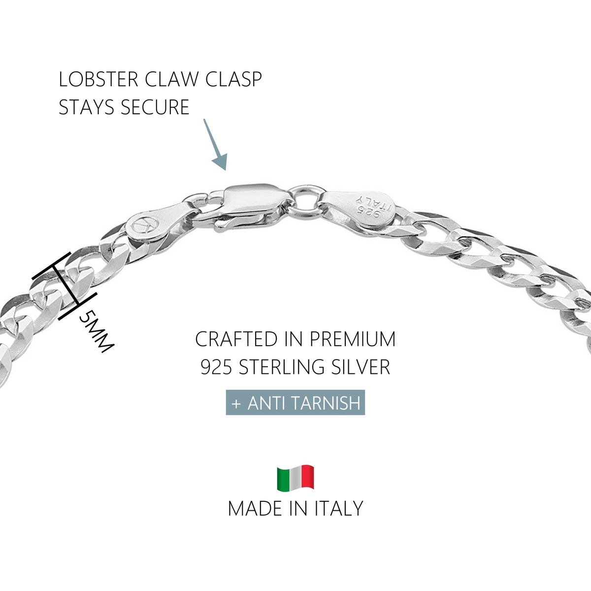 KISPER 925 Sterling Silver Italian 5mm Diamond-Cut Cuban Link Chain Bracelet