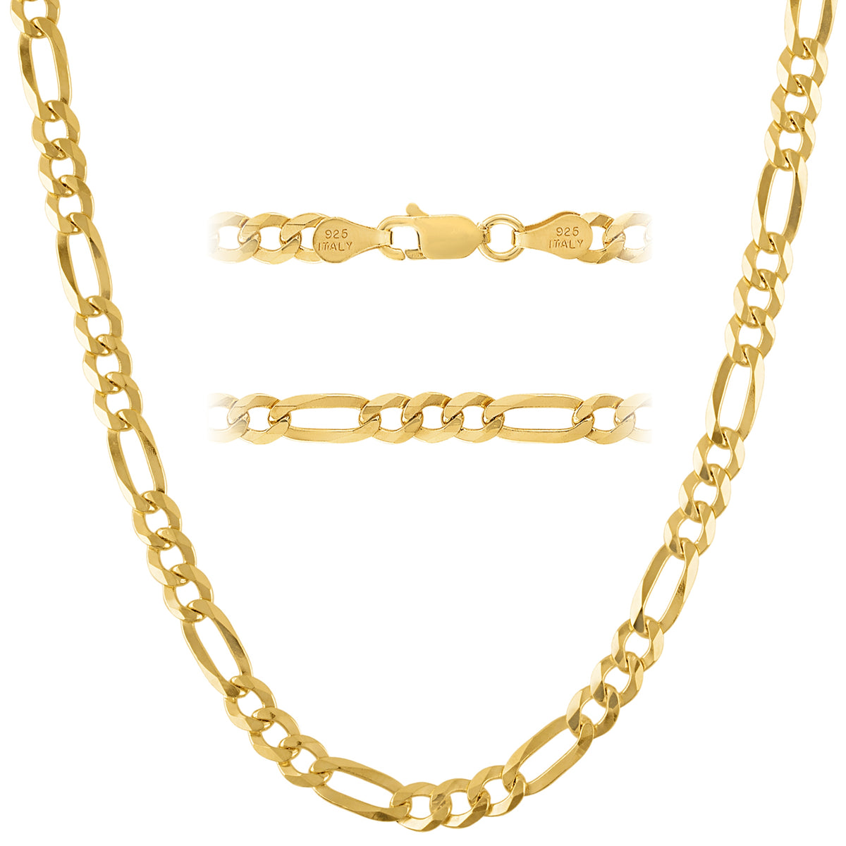 KISPER 18k Gold over 925 Sterling Silver Italian 5mm Figaro Chain Necklace w/ Lobster Clasp