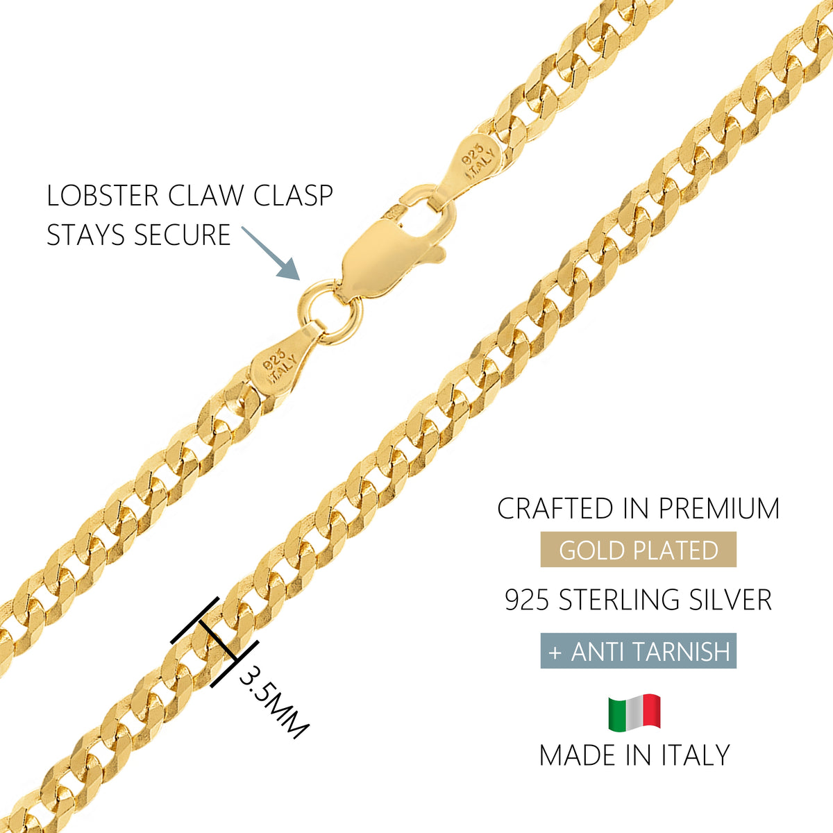 KISPER 18k Gold over 925 Sterling Silver Italian Cuban Link Chain Necklace w/ Lobster Clasp