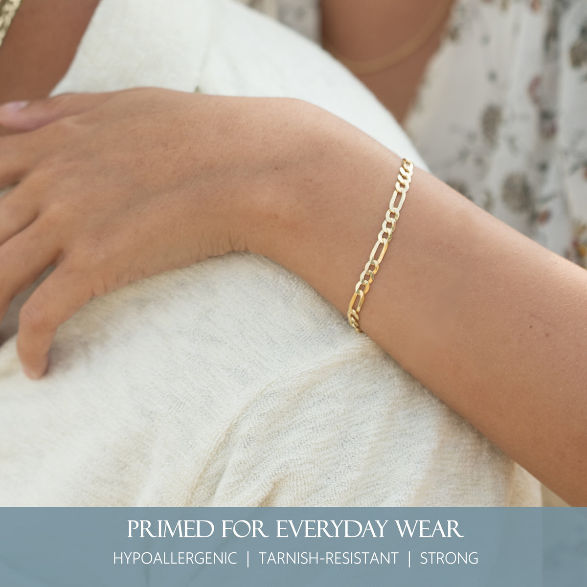 KISPER 18k Gold over 925 Sterling Silver Italian 5mm Figaro Chain Bracelet w/ Lobster Clasp